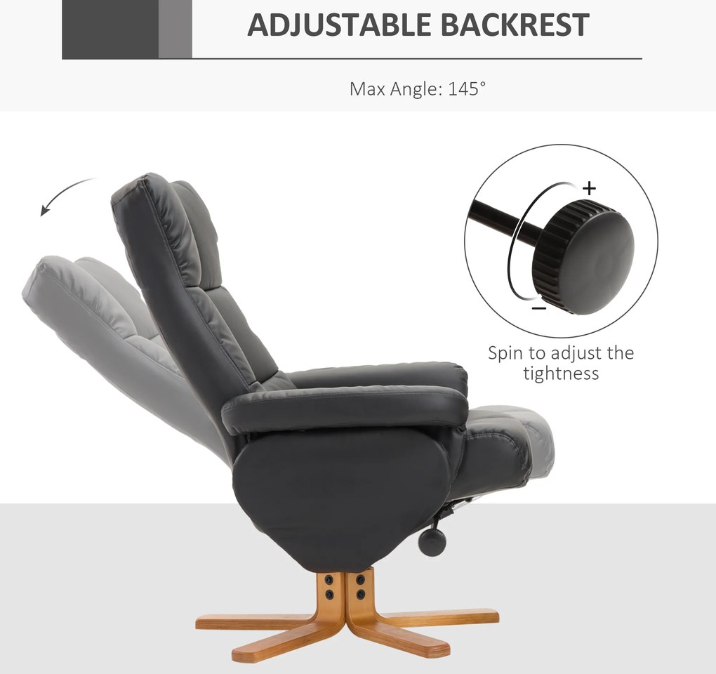 HOMCOM Fotel relaksacyjny TV z funkcją obrotu 360° i podnóżkiem Rozkładany Czarny Drewniana rama 80x86x99cm | Aosom PL