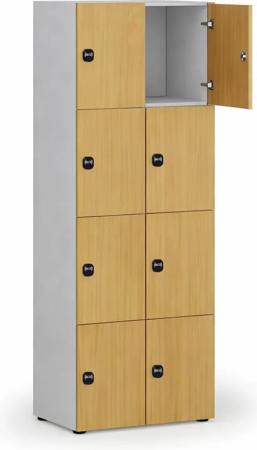 Drewniana szafka skrytkowa S4, 8 schowków, demontaż, zamek RFID, szary/buk