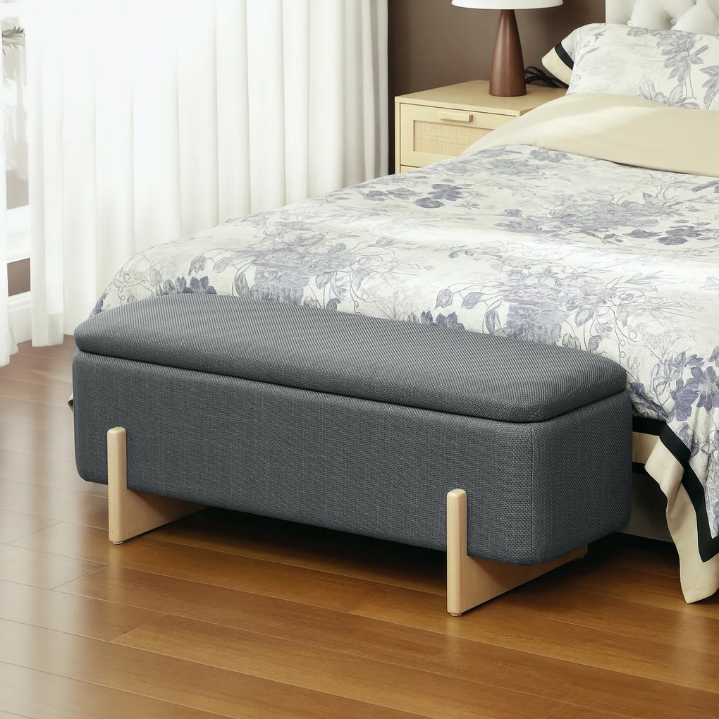 HOMCOM Hoker ze schowkiem ławka tapicerowana puf skrzynia do przedpokoju tkanina len 111x44x44,5 cm ciemnoszara siedzisko otwierane | Aosom PL