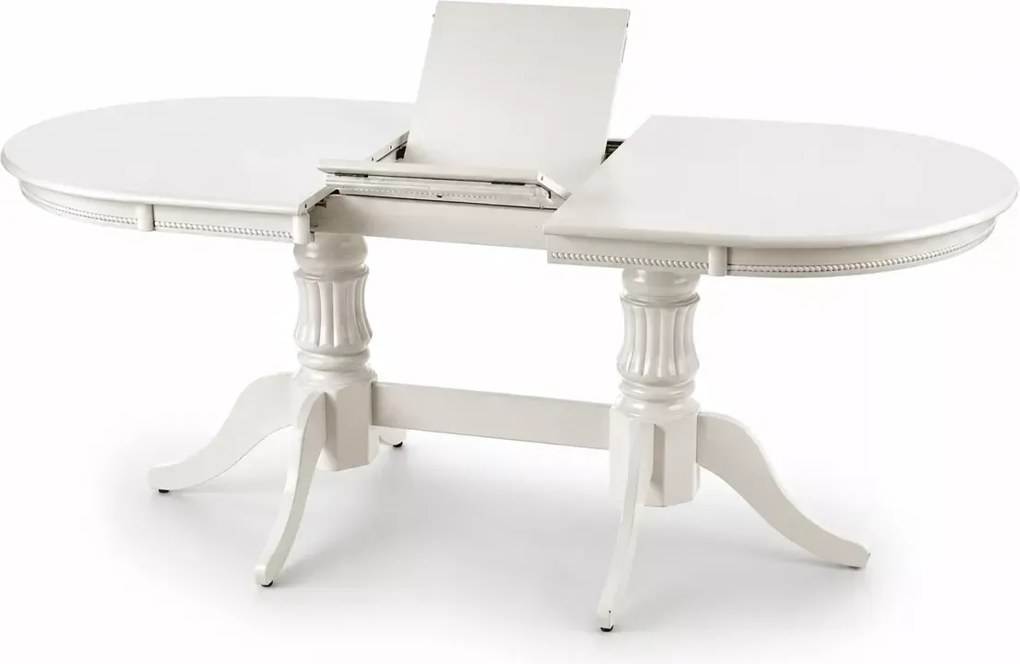 Biały stół Celeste 150-190x90 – elegancki owalny rozkładany stół z MDF lakierowanego na drewinaych rzeźbionych nogach