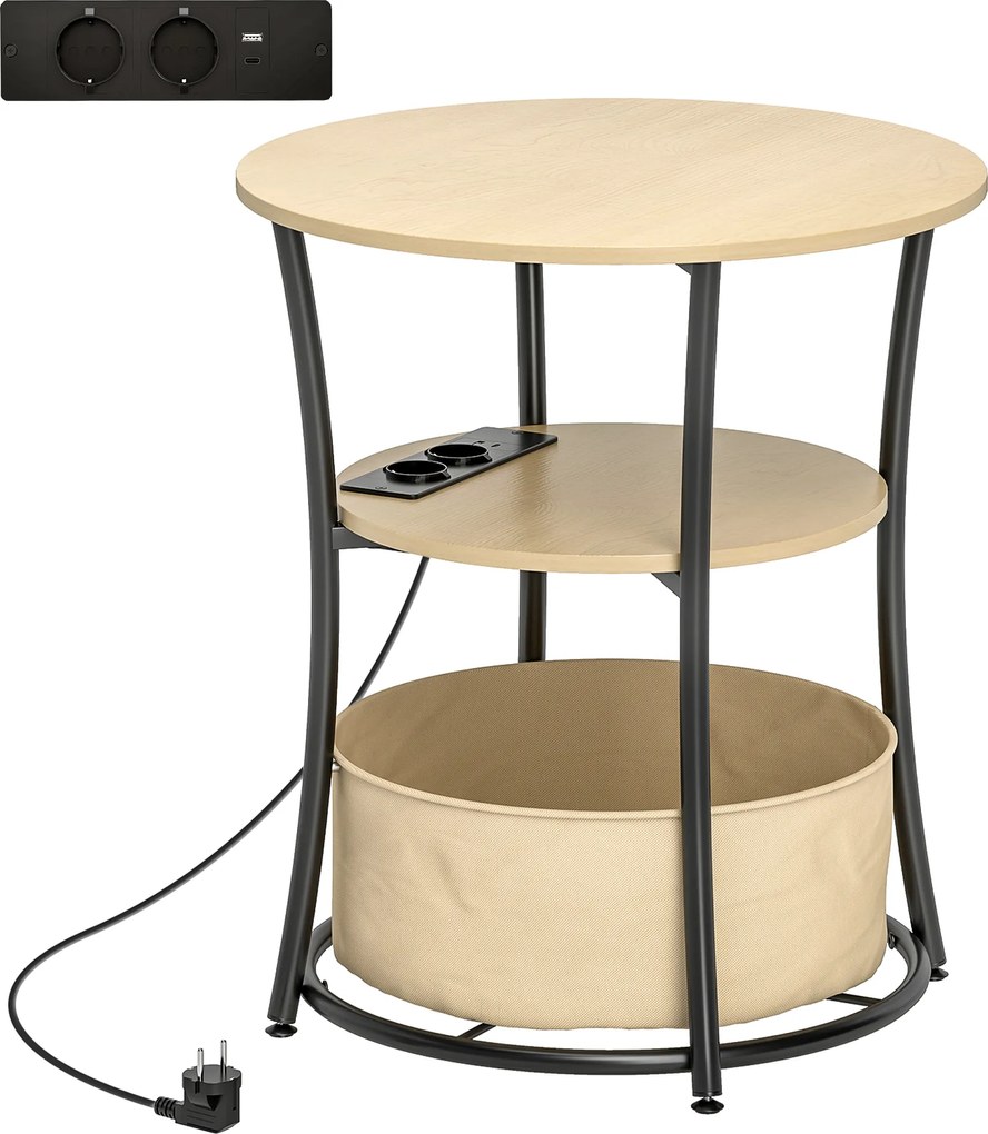 HOMCOM Stolik boczny 3-poziomowy z stacją ładującą, materiałową kieszenią, półką, 50x50x55,1 cm naturalne drewno