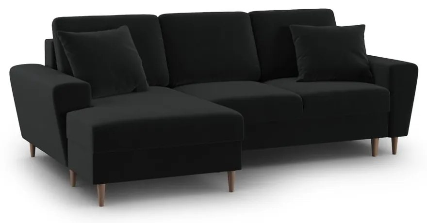 Czarny aksamitny rozkładany/ze schowkiem narożnik (lewostronny/z szezlongiem) Kyoto – Cosmopolitan Design