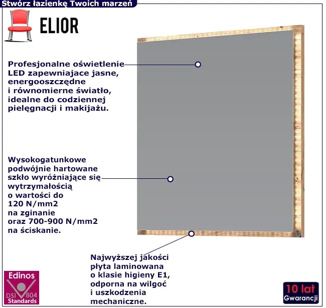 Kwadratowe lustro łazienkowe z oświetleniem LED - Ivet 3X 60 cm