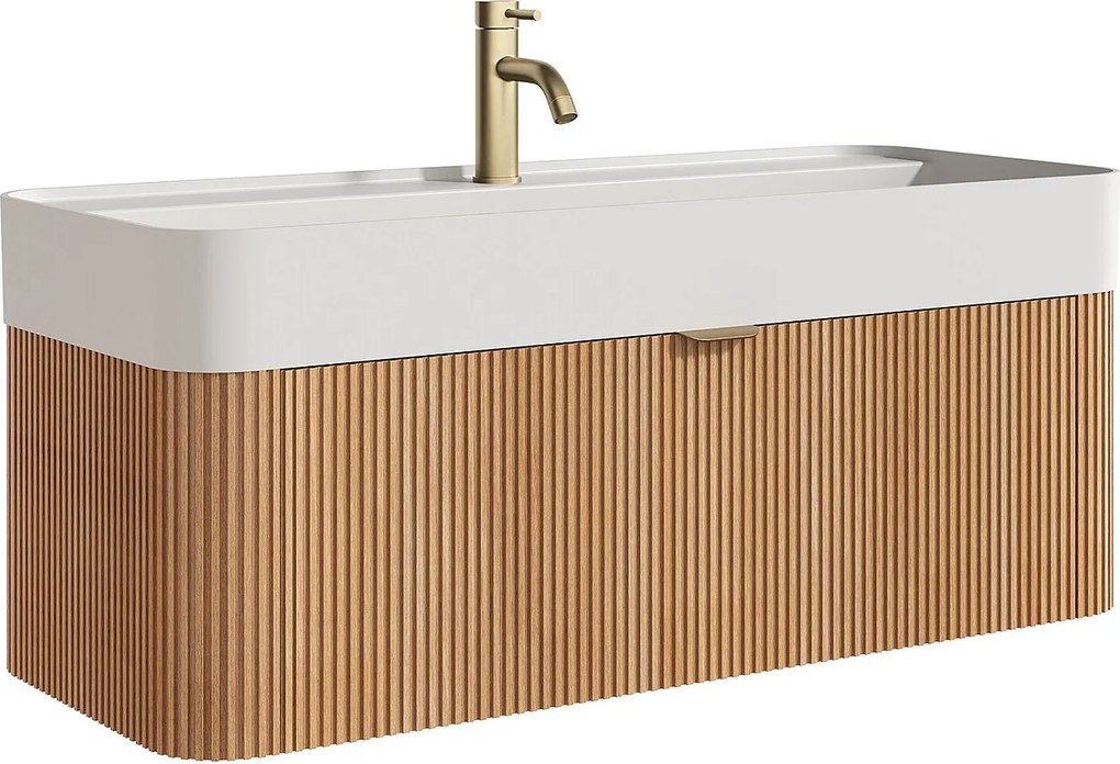 Wisząca szafka łazienkowa z prążkowanego drewna jesionowego z umywalką podblatową do zabudowy i baterią - Jasny naturalny - 100 cm - BULMAS