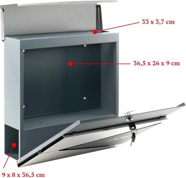 Skrzynka na listy z przegrodą na gazety, srebrna, 2 klucze