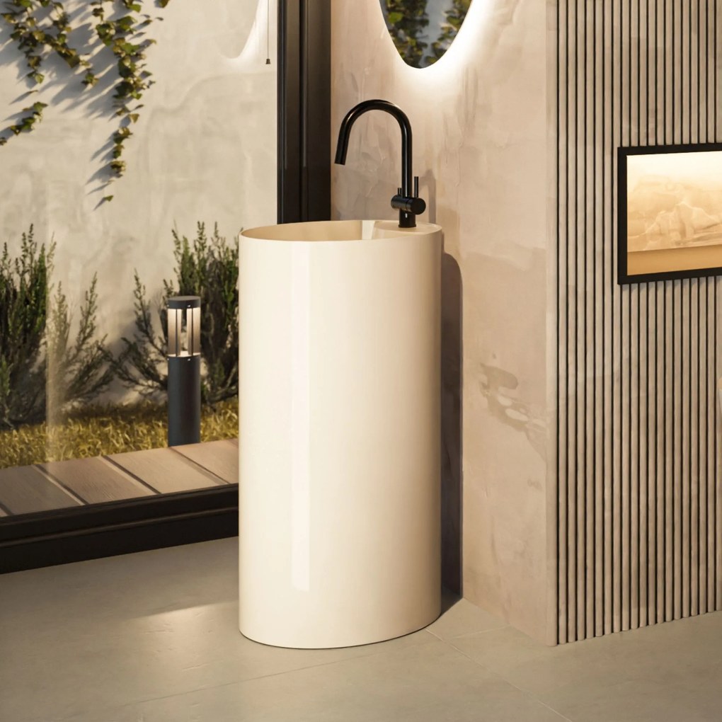 Zestaw KALMI z konglomeratu w kolorze beżowym matowym wanna wolnostojąca i umywalka wolnostojąca z konglomeratu