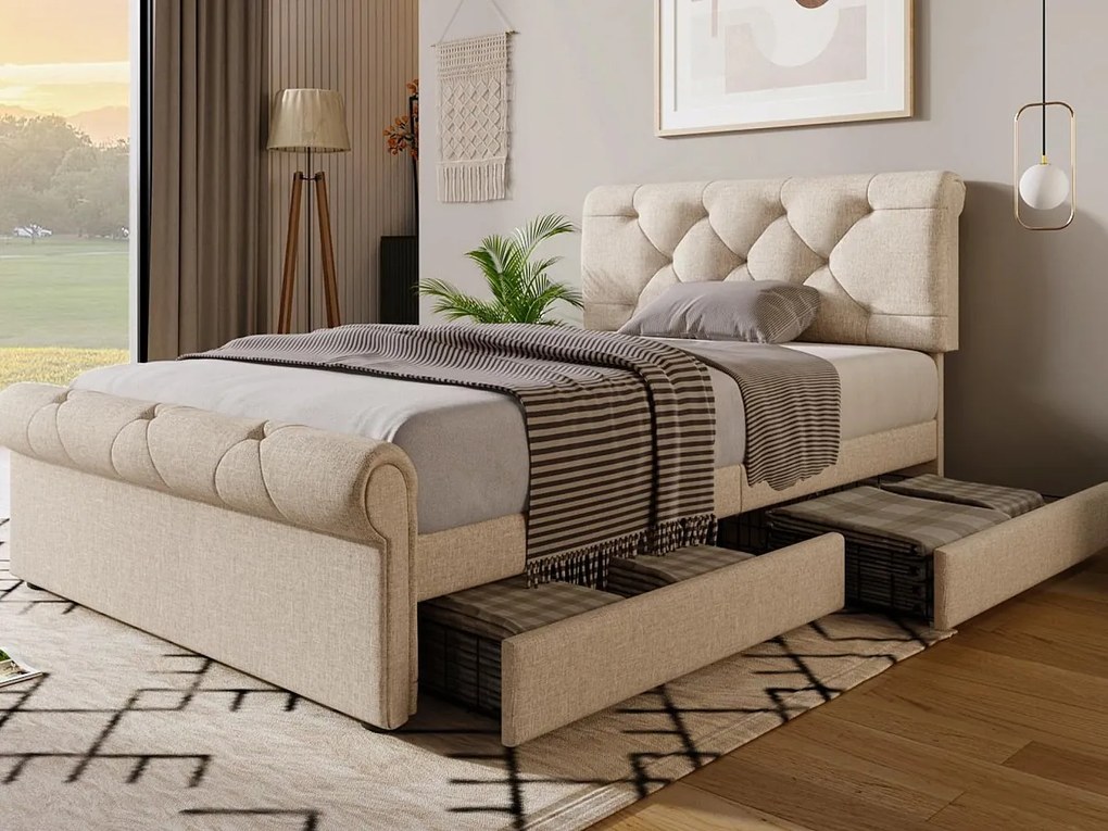 Łóżko tapicerowane w tkaninie lnianej - 90x200cm - z 2 szufladami - regulowane wezgłowie - Jasny naturalny