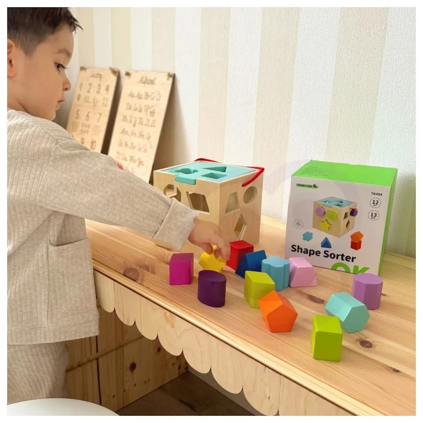 Tooky toy drewniany sorter kolorowa kostka z kolorowymi wzorami 13 el.