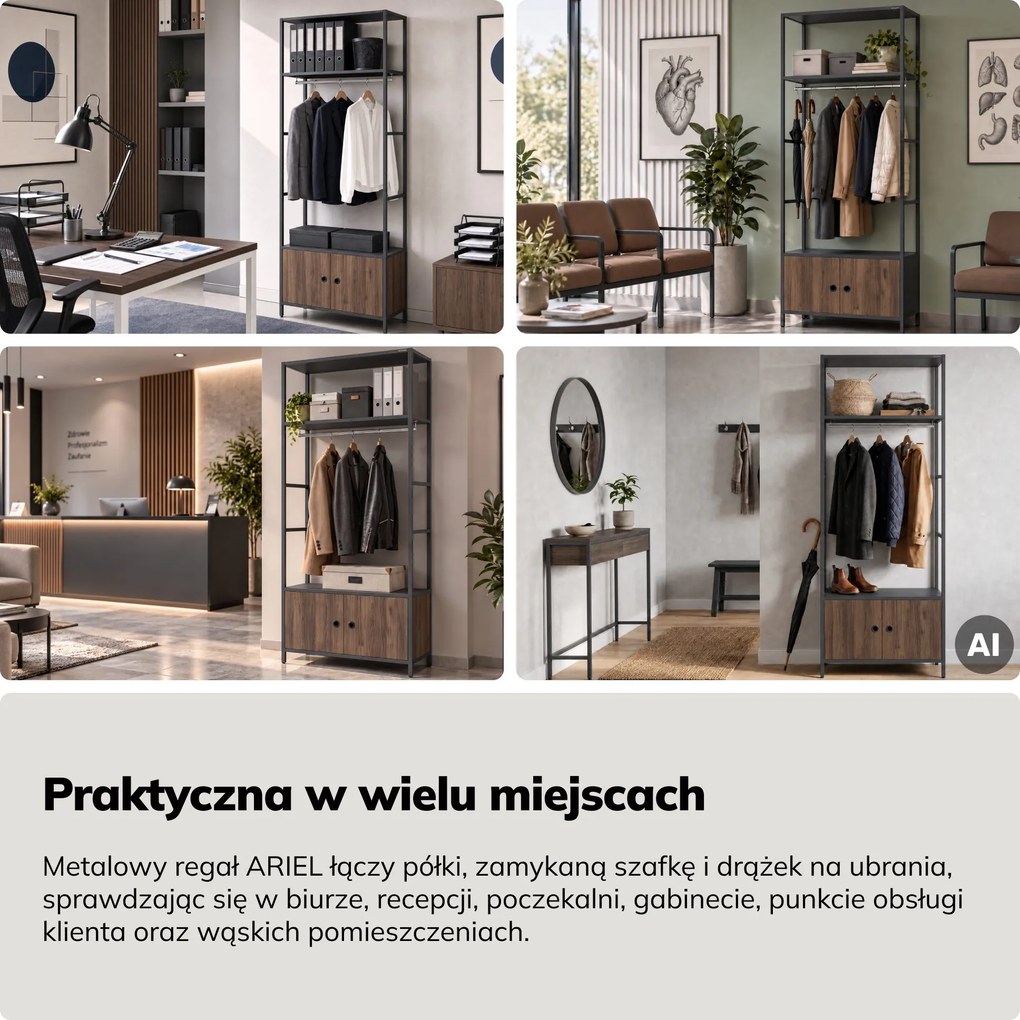 Regał biurowy otwarty z drążkiem na ubrania, do recepcji i poczekalni, metalowy, antracytowy/orzech, 800x2200x400 mm: ARIEL Eco Design