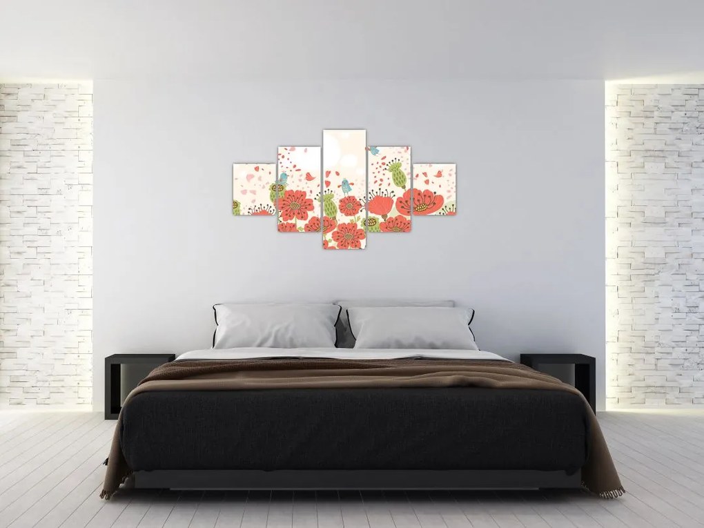 Obraz - Ptaszki na kwitnącej łące (125x70 cm)