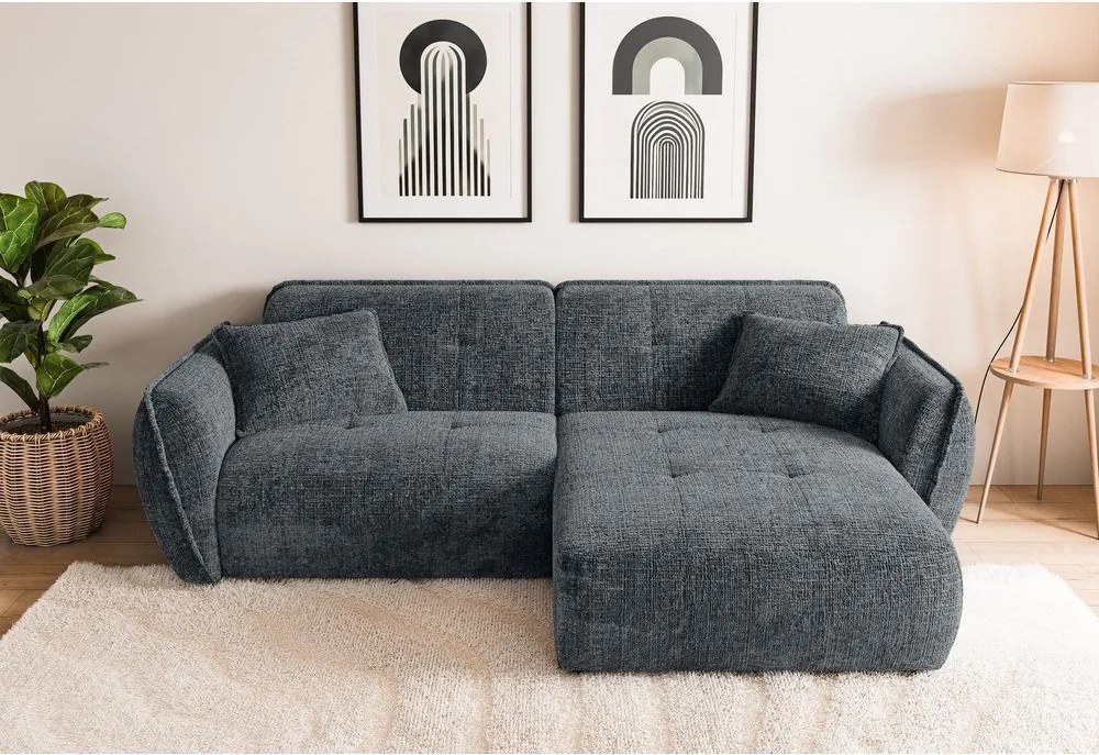 Ciemnoszary narożnik z tkaniny szenilowej (prawostronny/z szezlongiem) Nelia – Ropez