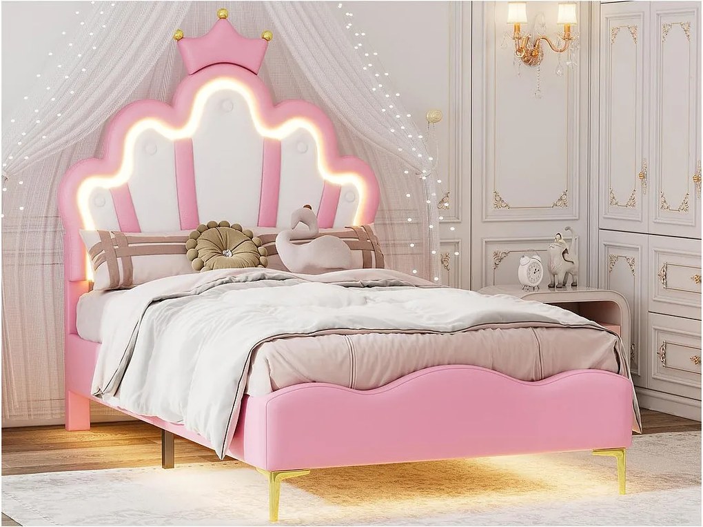 Łóżko dziecięce 90x200cm z LED - łóżko księżniczki z poduszką z ekoskóry - Różowe