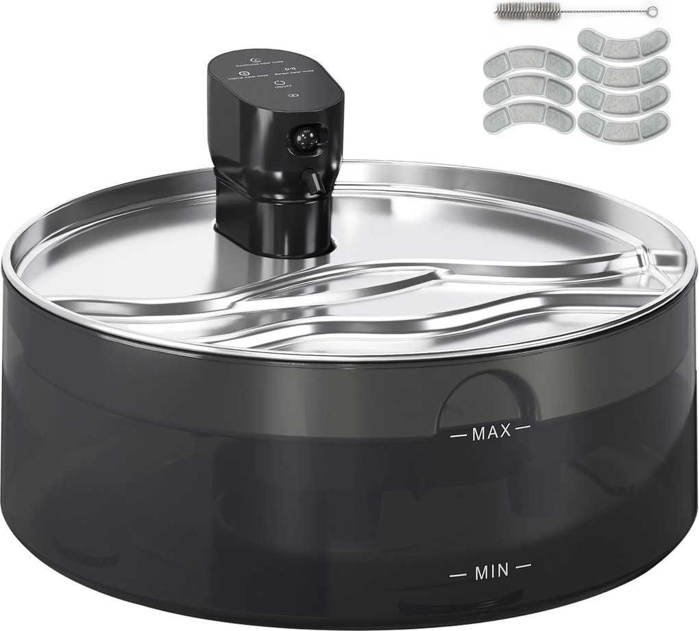 PawHut Fontanna dla Kotów 7L z Cichą Pompą LED, Filtrem z Aktywnym Węglem, Nierdzewna Stal, Łatwa w Czyszczeniu, 30,6 x 30,6 x 17,2 cm