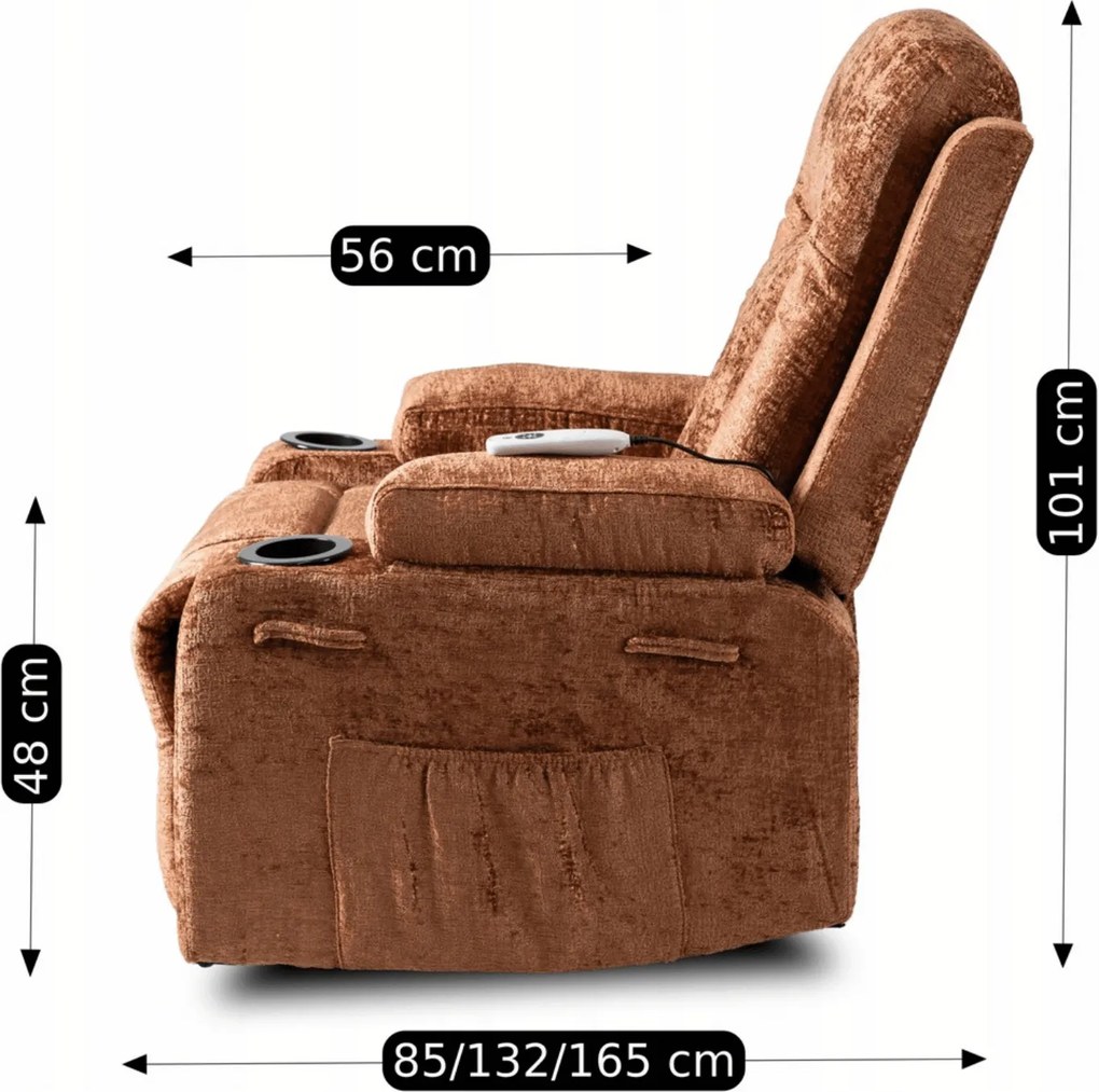 Fotel Masujący BOX Rozkładany Wypoczynkowy z Podnóżkiem Brązowy Welurowy Nowoczesny
