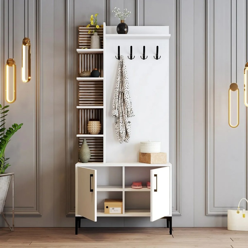 Wieszak z szafką na buty i półkami Viyana White