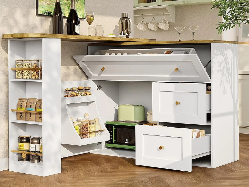 Nowoczesny obrotowy barek 360° - 204×39×105 cm - 2 szuflady i 2 drzwi - z bocznymi półkami - rozsuwany stół - biały