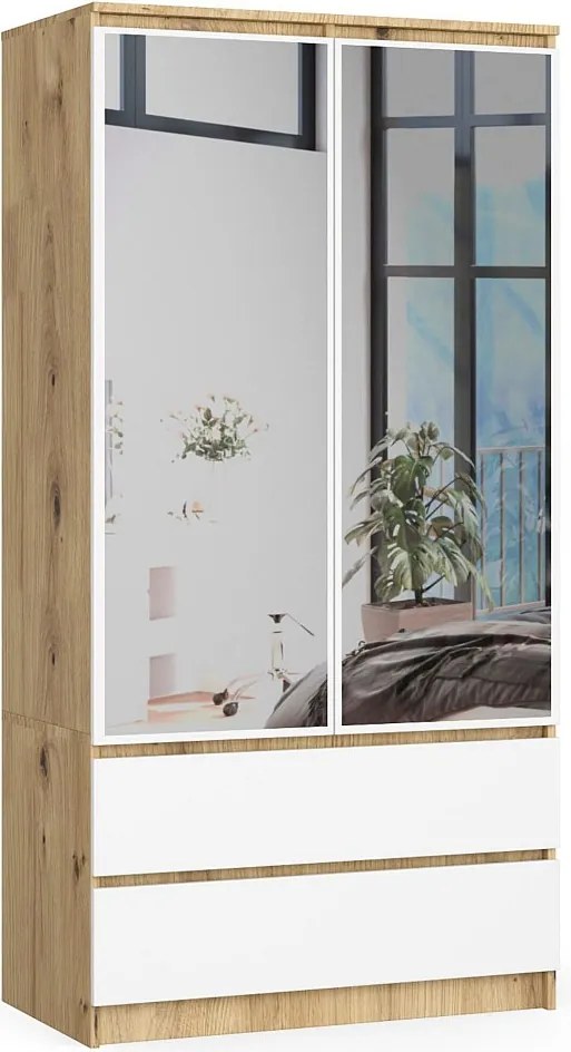 Szafa AKORD S90 Dąb Artisan 90 cm z lustrem 2 drzwi 2 szuflady kolor Biały mat 4 półki 90x51x180 cm