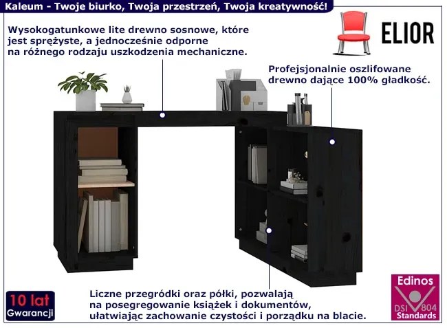 Czarne biurko sosnowe z półkami - Kaleum