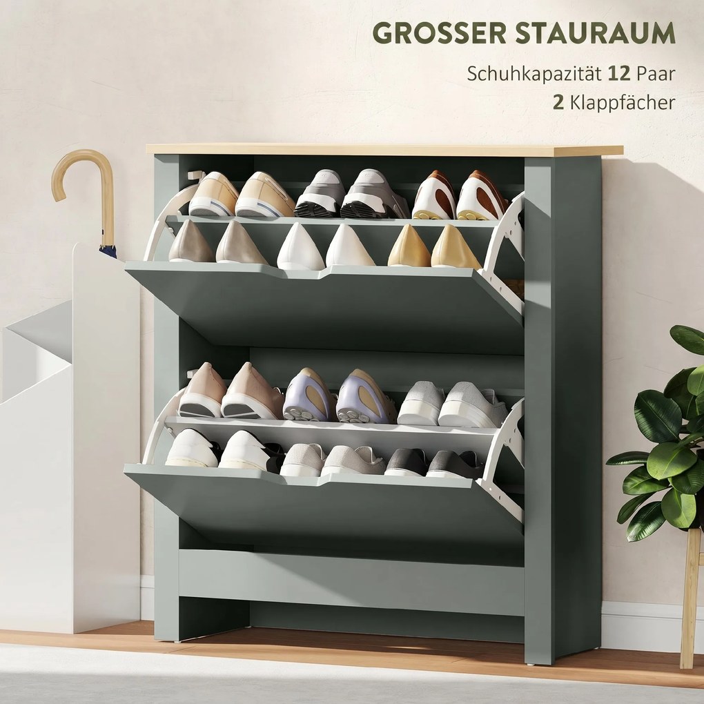 HOMCOM Szafka na buty z 2 klapkami, regulowana przegroda na 8-12 par butów, 72 x 26 x 80 cm, Jasnoszary | Aosom PL
