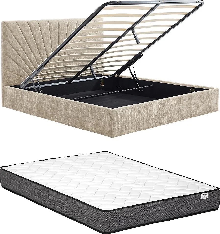 Łóżko ze skrzynią  180 x 200 cm - Fakturowana tkanina - Beżowe + Materac - RIBIOLA