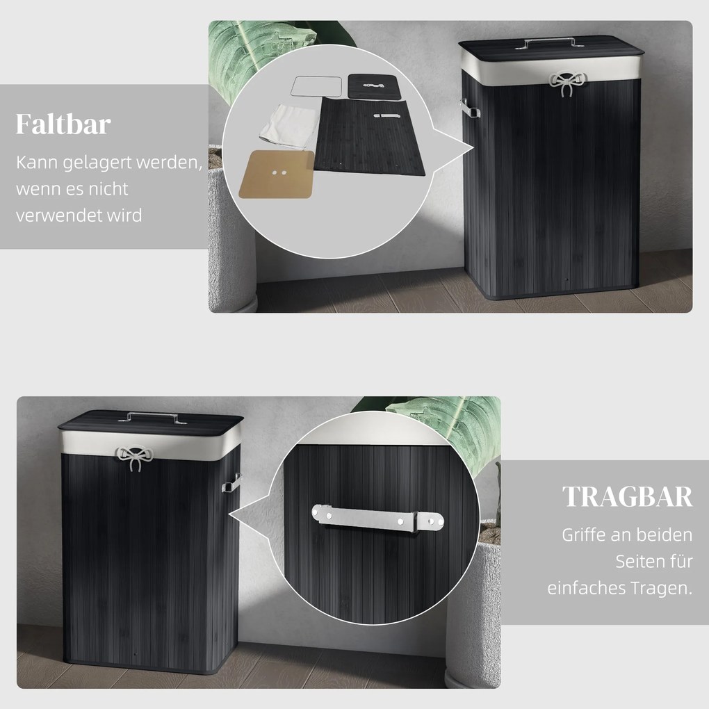 HOMCOM Kosz na pranie, skrzynia na pranie, pojemnik na pranie z pokrywą, worek z płótna, bambus, składany, 72 l, czarny 40 x 30 x 60 cm | Aosom PL