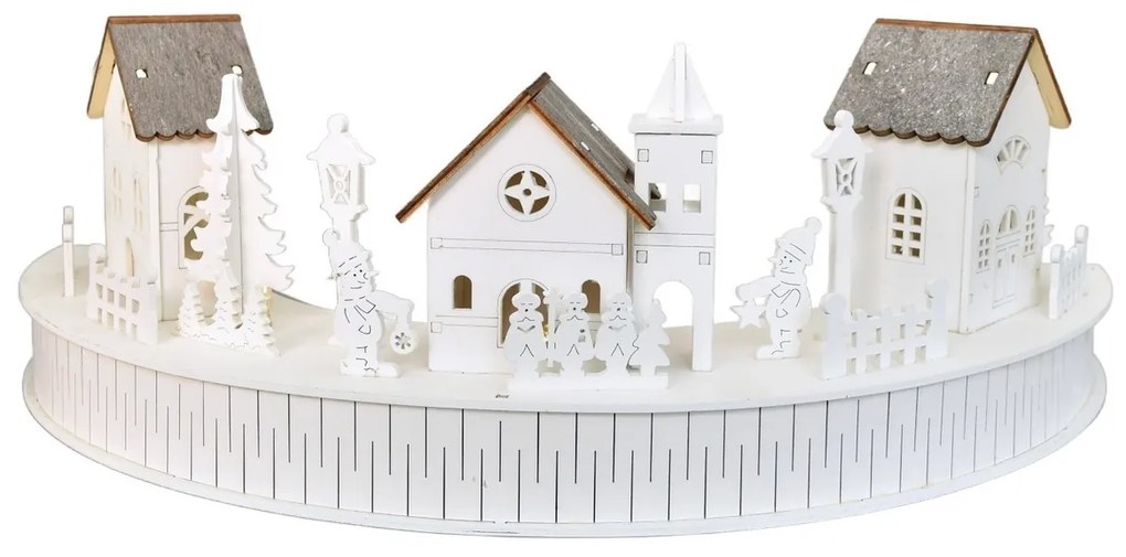Drewniana dekoracja LED Wioska z kościołem, 40 x14 x 20 cm, półkole