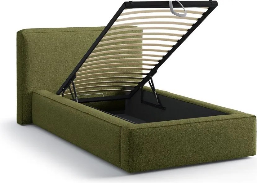 Zielone tapicerowane łóżko jednoosobowe ze schowkiem ze stelażem 90x200 cm Jodie – Micadoni