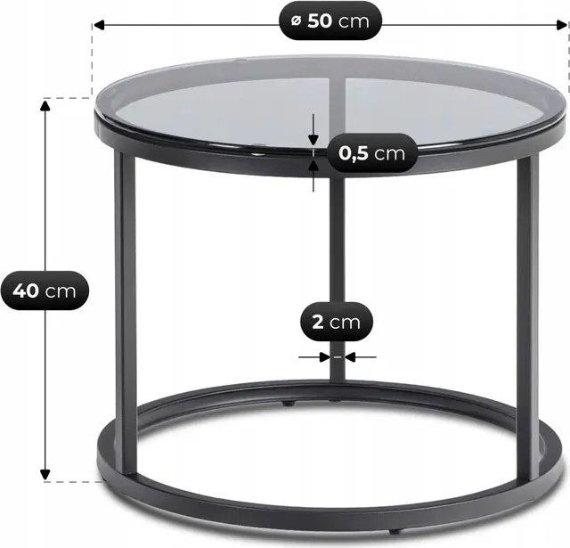 Zestaw Stolików Kawowych CARRERA 50 cm/70 cm Szary/Czarny Nowoczesny