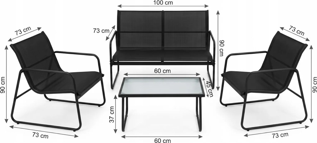 Zestaw mebli ogrodowych Calvero - sofa 2-osobowa, 2 fotele i stolik, kolor czarny