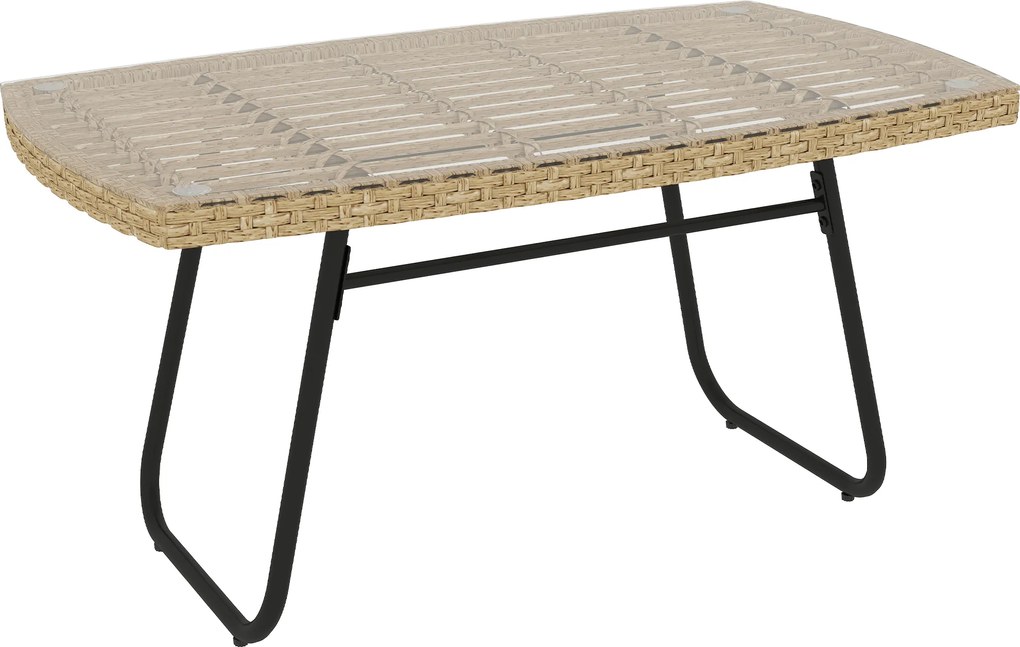 Outsunny Stolik Ogrodowy z Polirattanu, 90 x 50 x 45 cm, UV-Odporny z Blatem ze Szkła Naturalny