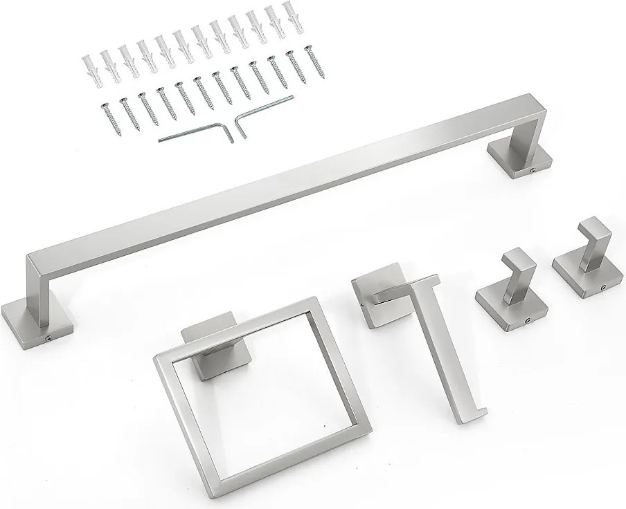 Akcesoria Łazienkowe SucceBuy w Kolorze Szlifowanego Niklu 5PCs, Ścienny Wieszak na Ręczniki ze Stali Nierdzewnej 59,8 cm z Kwadratowymi Podpórkami na Ręczniki