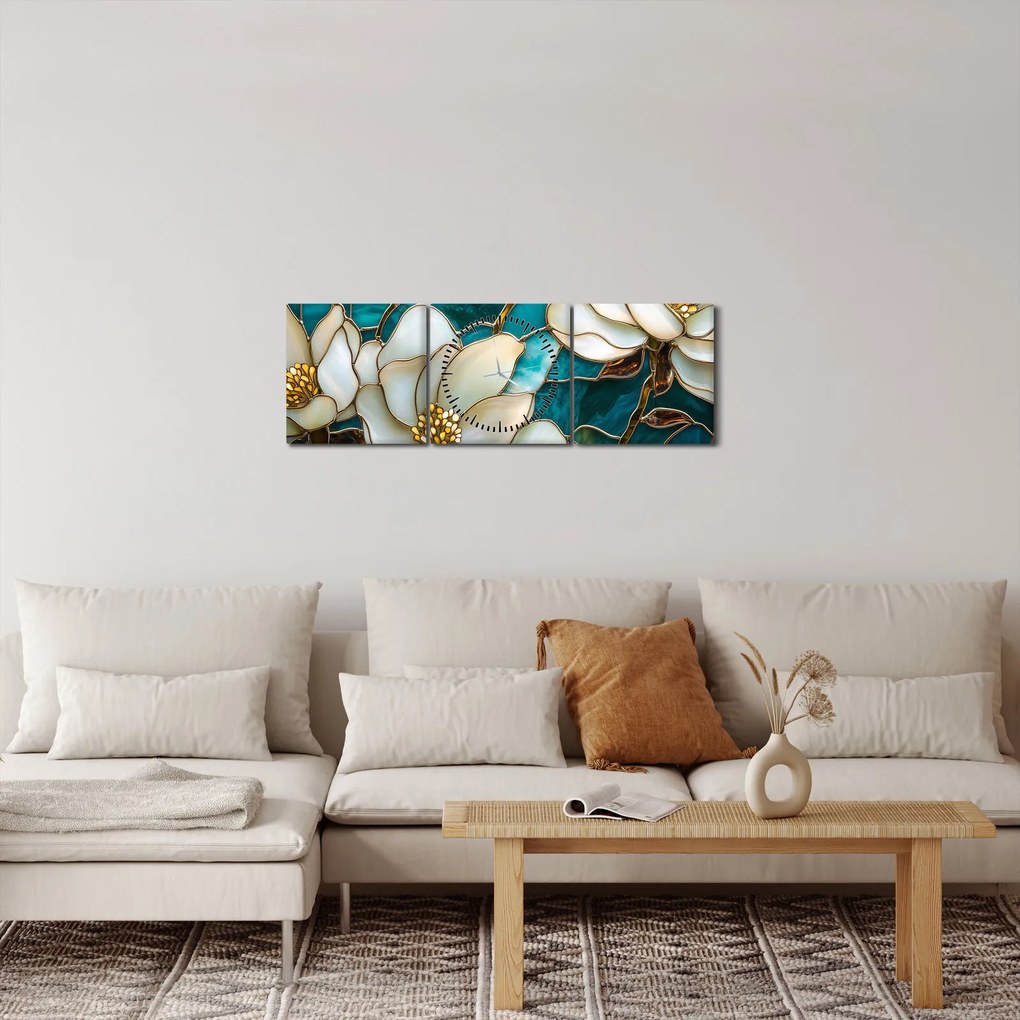 Obraz - Witraż z magnolią (z zegarem) (90x30 cm)
