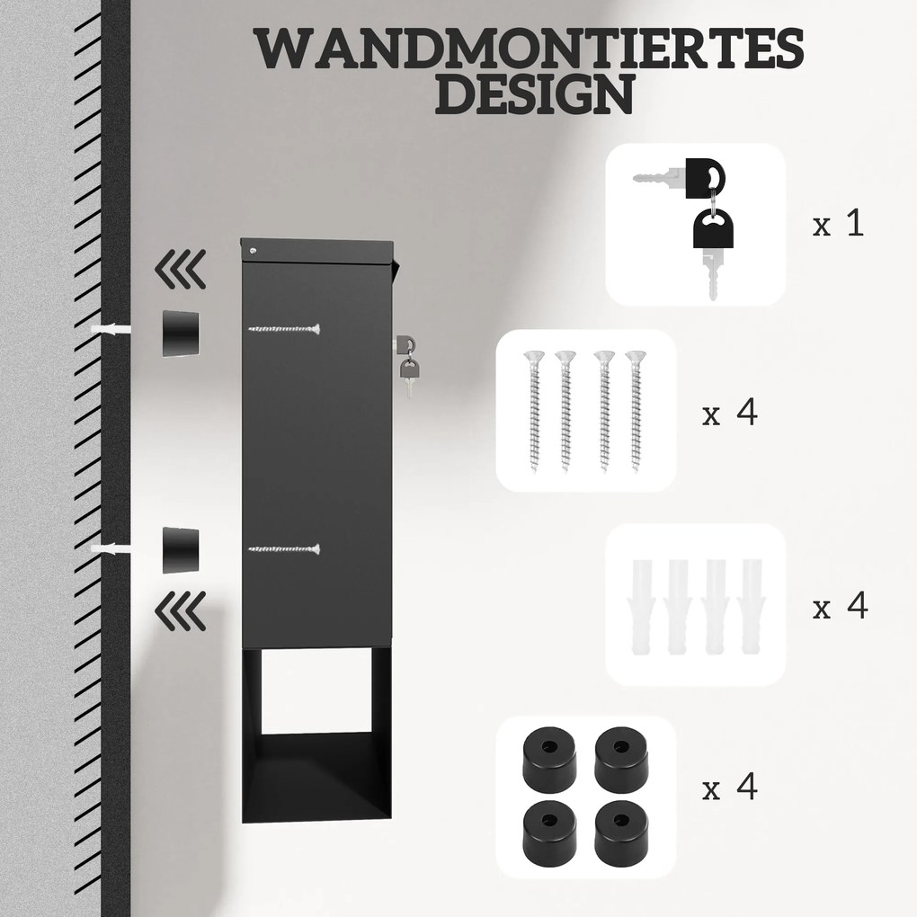 HOMCOM Skrzynka Pocztowa z Okienkiem, Montaż Ścienny, Zamykana, Odporna na Rdzę i Warunki Pogodowe, Szara
