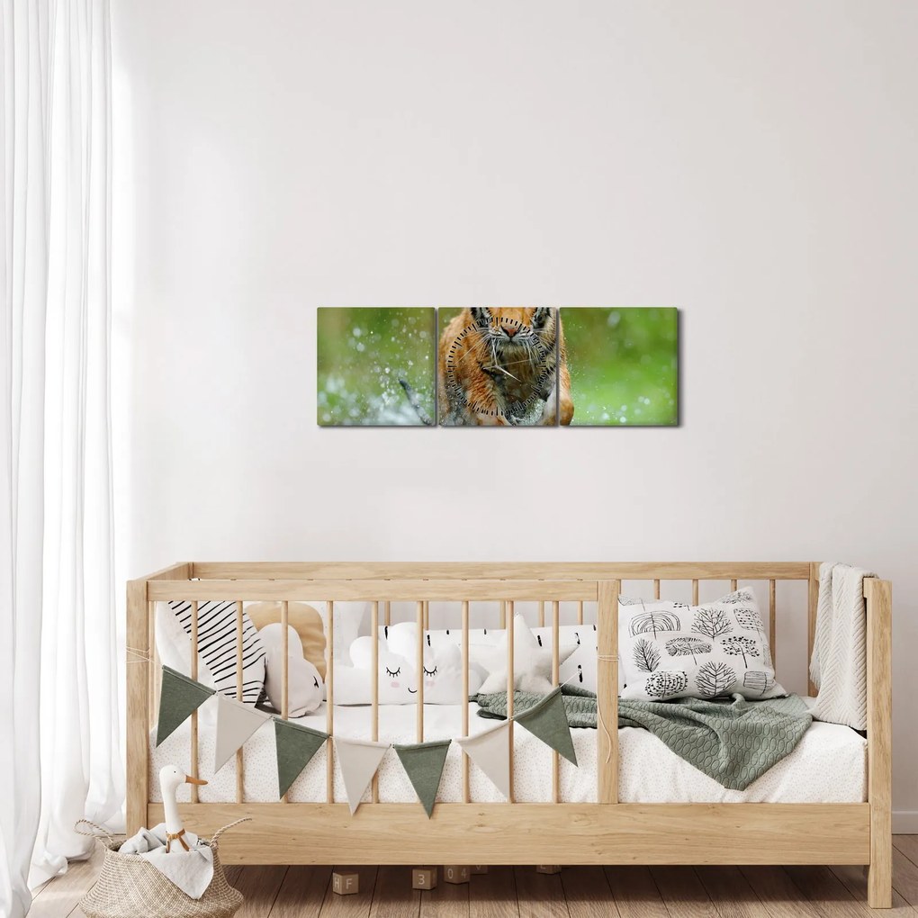 Obraz - Biegnący tygrys (z zegarem) (90x30 cm)