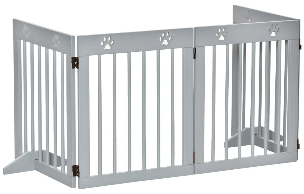 PawHut Barierka dla Psów, Rama z Drewna Sosnowego, Składana z Obu Stron, Wzór Łapek, Zdejmowane Nogi, Jasnoszara