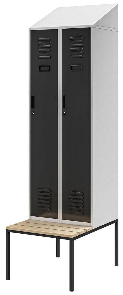 Szafka ubraniowa z ławką i daszkiem KACPER II PRO, 600 x 2295 x 850 mm, szaro-antracytowa