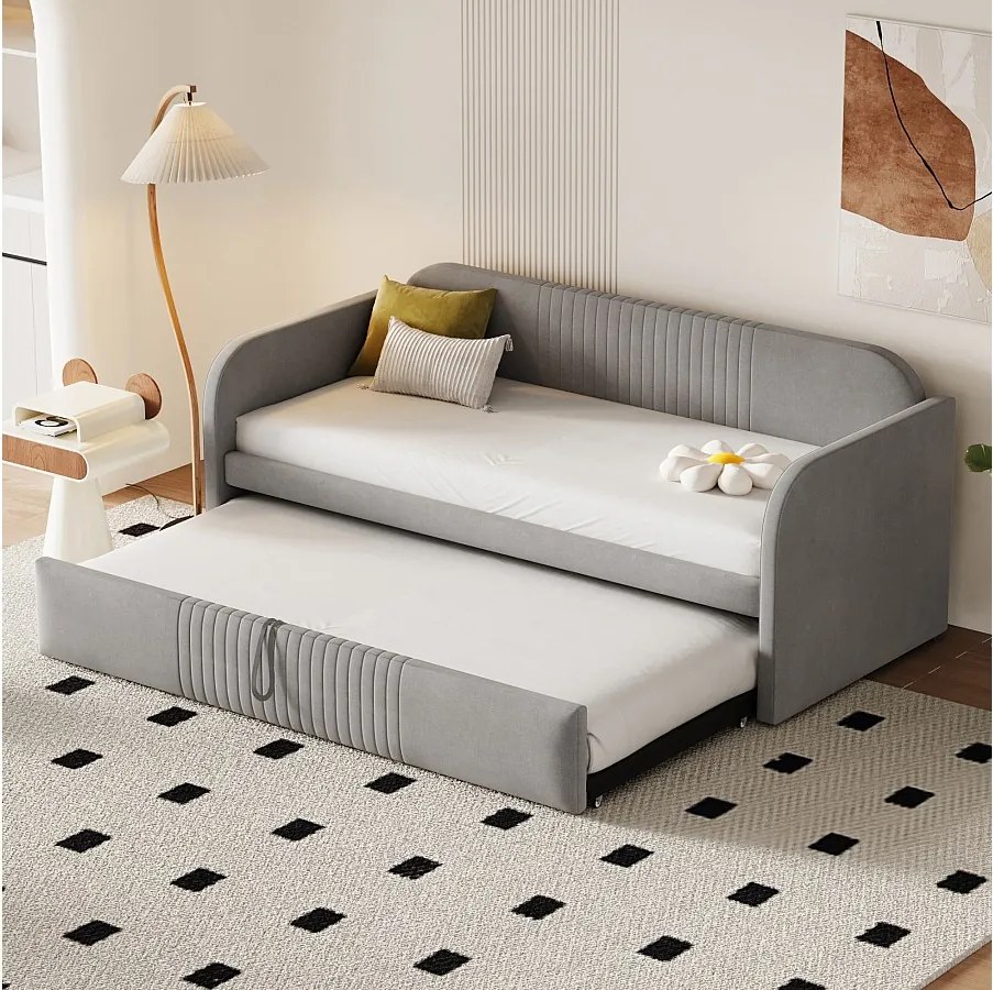 Leżanka 90/180 x 190 cm - jasnoszary len - łóżko dla dorosłych z listwami - pionowe paski - bez materaca