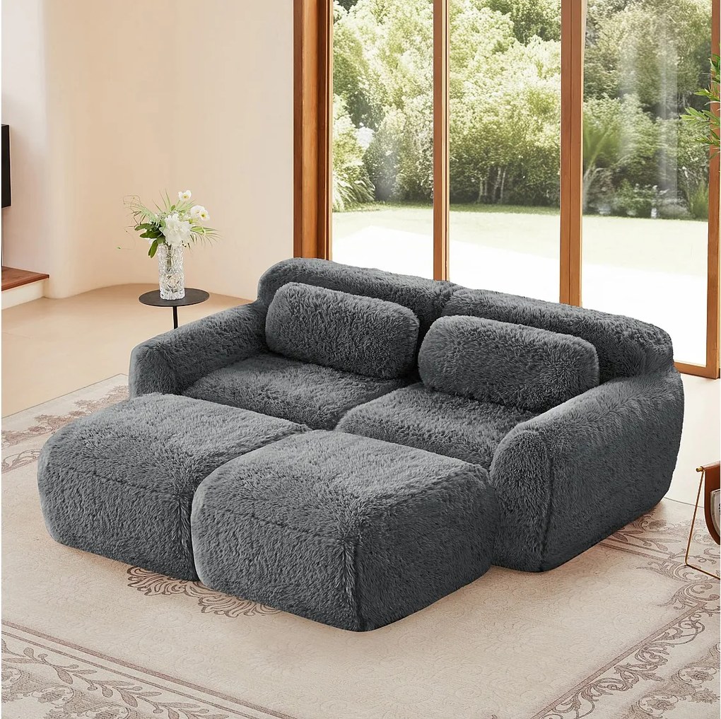 Modułowa Sofa Narożna w tkaninie pluszowej, z 2 pufami i 2 poduszkami, 204x179x73cm, Szary