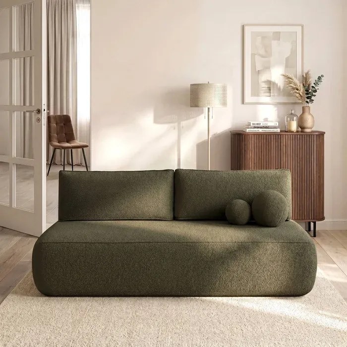 Sofa z Funkcją Spania ARVETO Oliwkowa Boucle Nowoczesna