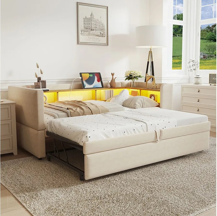 Sofa rozkładana z rozkładaną sofą - 2 x 90 x 190 cm - Schowek + LEDy + gniazda ładowania - Drewno lite - beż