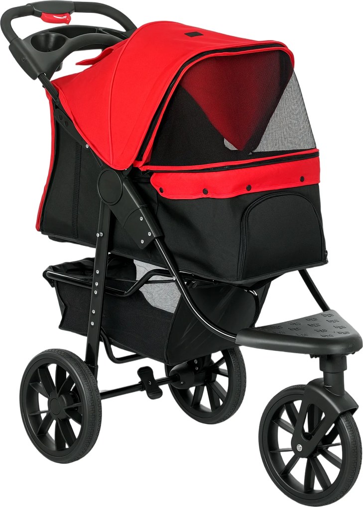 PawHut Wózek dla psa składany do 10 kg z 3 kołami, siatkowymi oknami, uchwytem na napoje i koszem na akcesoria, 109,5 x 57,5 x 106,5 cm, czerwony | Aosom PL