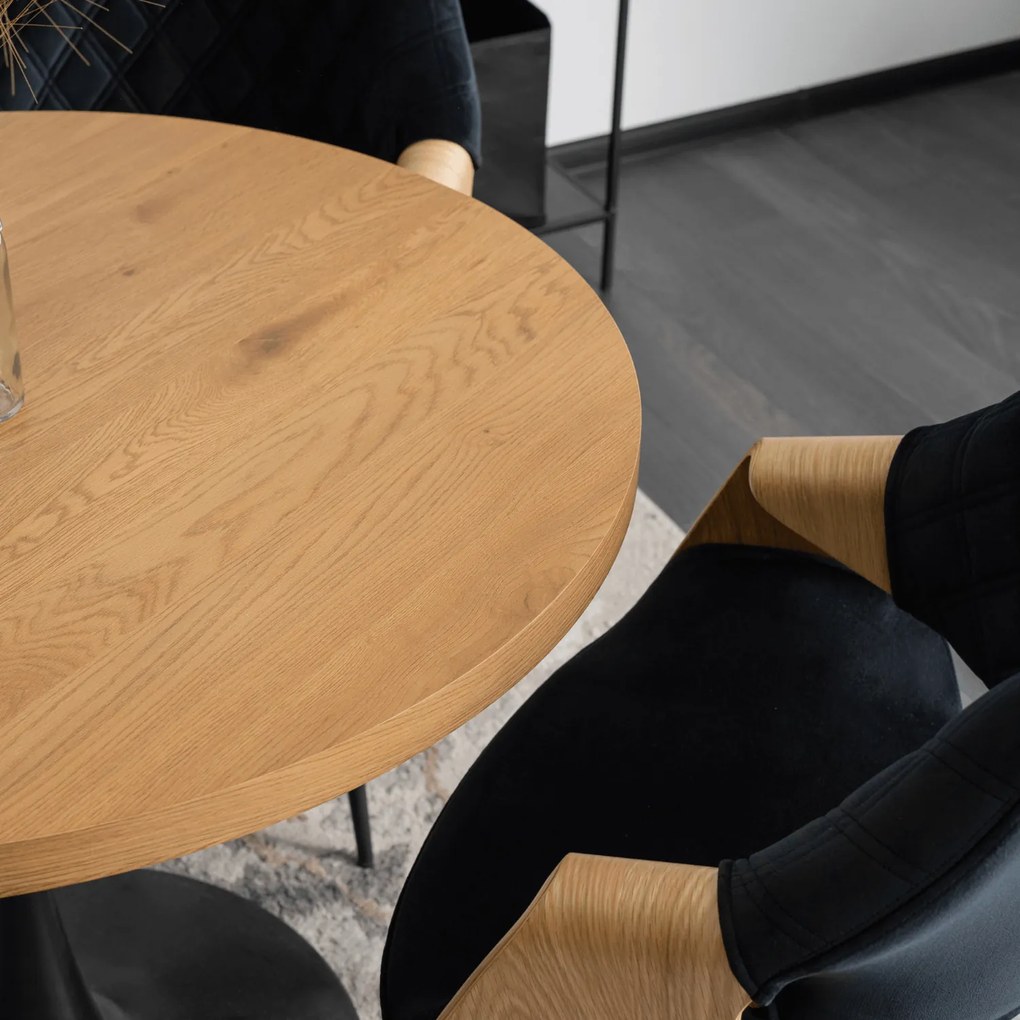 Zestaw Stół Okrągły LINO 100 cm Dąb Złoty/Czarny i 4 Krzesła Tapicerowane z Drewna Giętego DAKOTA Czarne/Dąb Złoty Welurowe Loft