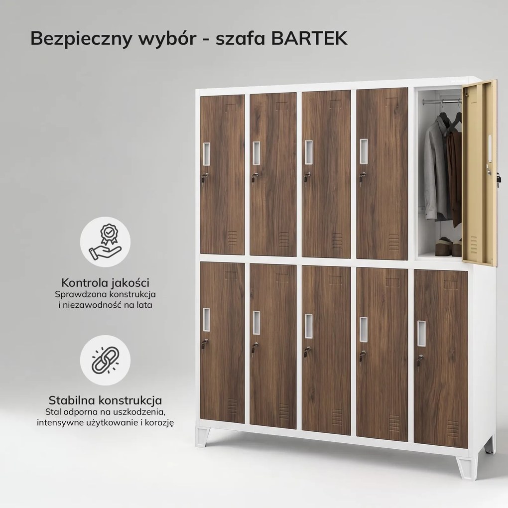 Szafa socjalna 10-skrytkowa Eco Design Bartek, 136x45x172 cm, biały/orzech