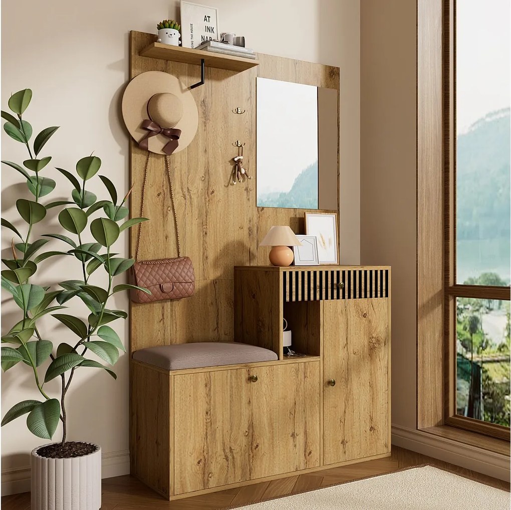 Drewniany wieszak na ubrania z lustrem - szafa z 1 szufladą i 2 drzwiami - z poduszkami i haczykami