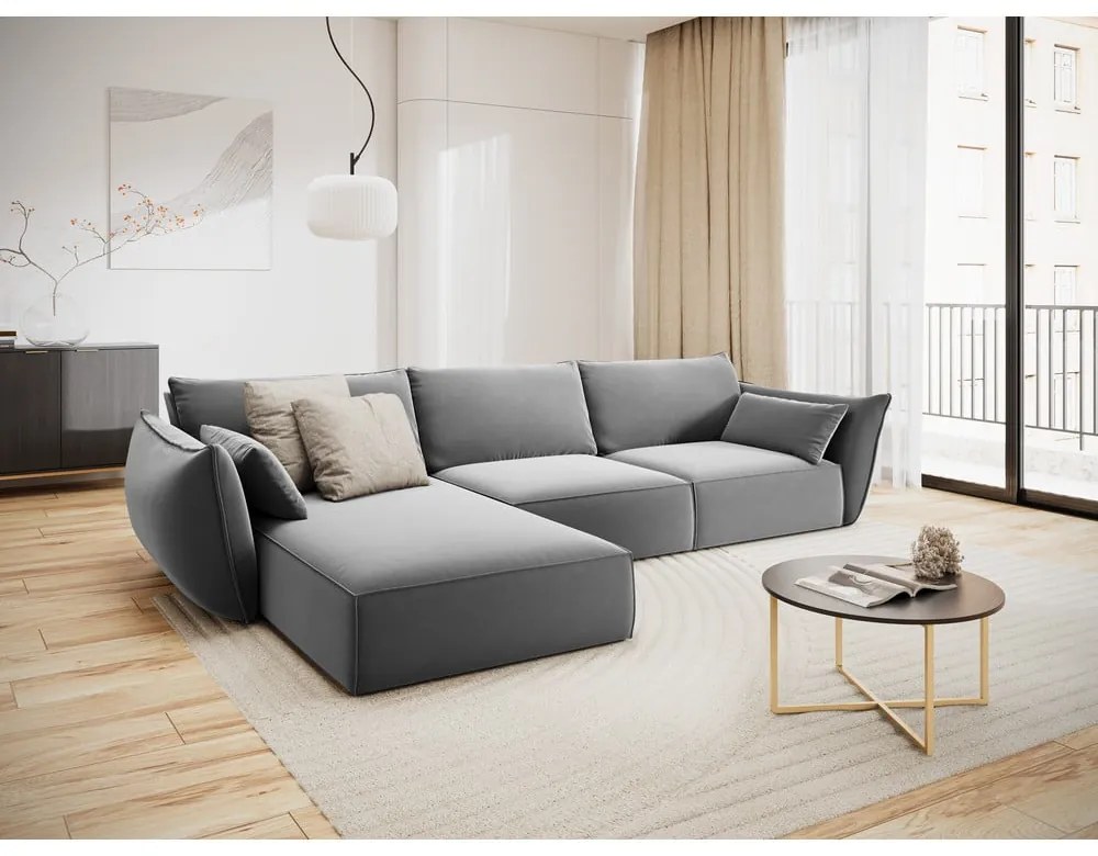 Jasnoszary aksamitny narożnik (lewostronny/z szezlongiem) Vanda – Mazzini Sofas