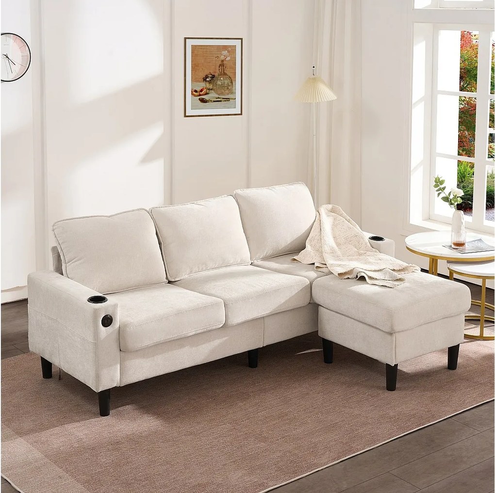 Narożnik - sofa z 2 uchwytami na kubki i ładowarką USB - beżowy len