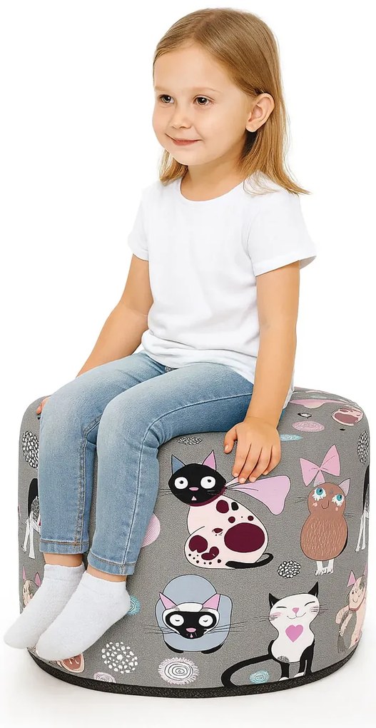 Szara okrągła pufa dziecięca w kotki G3-P93