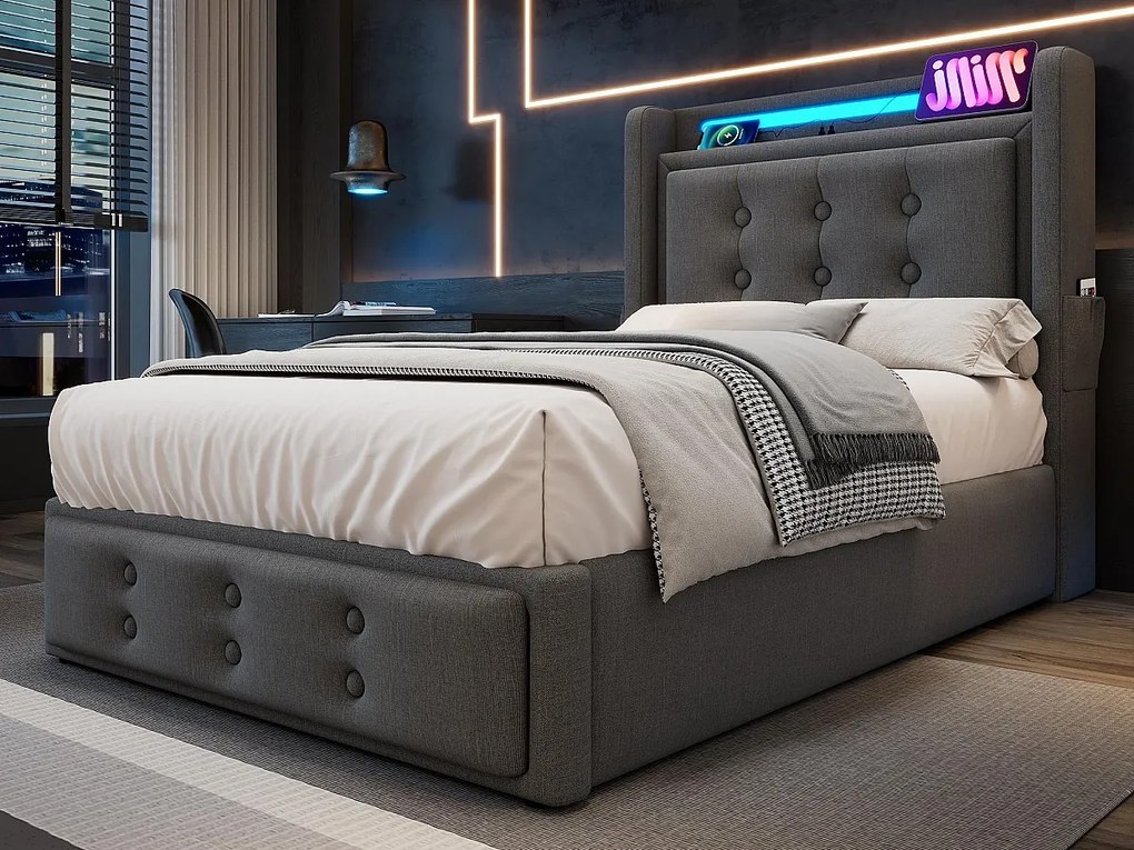 Łóżko z pojemnikiem 90x200cm z tkaniny lnianej - z LED i portami ładowania - Szare