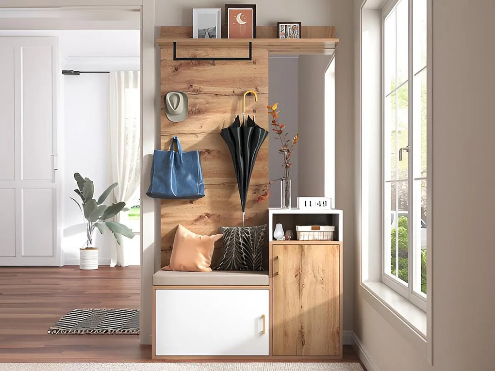 Zestaw mebli z wieszakiem + ławką na buty + lustrem - Biały i Naturalny