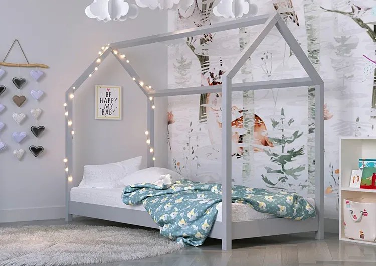 Szare łóżko domek z drewna sosnowego 90x200 G7-M49